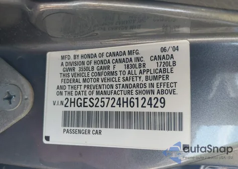 2004 Honda Civic Ex z USA, uszkodzony, nr VIN 2HGES25724H612429